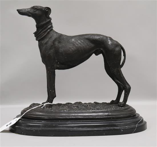After J P Mene. A spelter figure of a greyhound, on marble base, width 32cm height 30cm